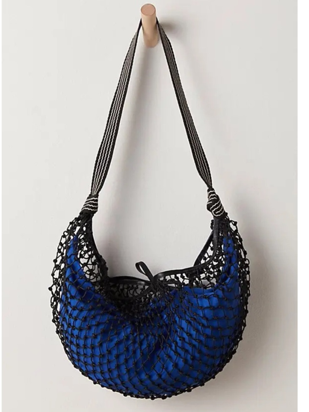 Free People Black Net Silver Spring Sling Bag Blue Inner Pouch and Striped Strap